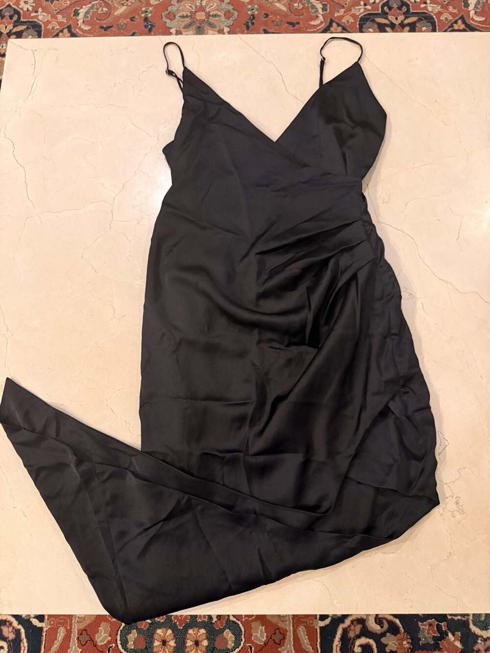 Cotton Candy LA Black Satin Ruched V-Neck Asymmetrical Midi Dress